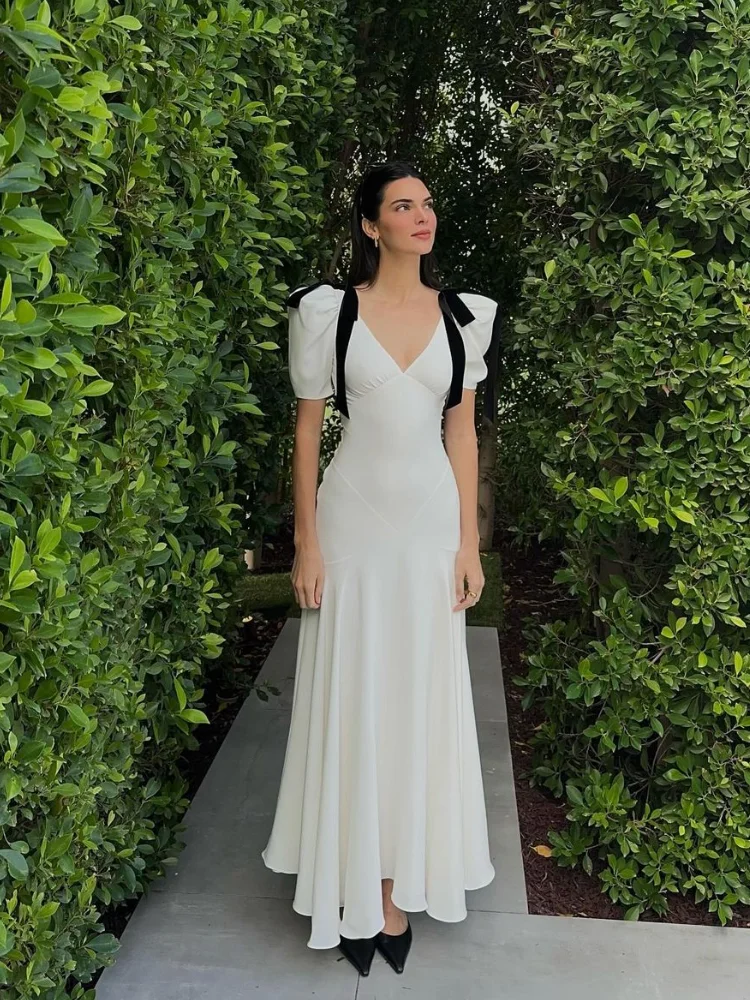 

2024 белое платье, женское платье с открытыми плечами и бантом, с пушистыми рукавами, элегантное офисное и строгое, Свободный v-образный вырез