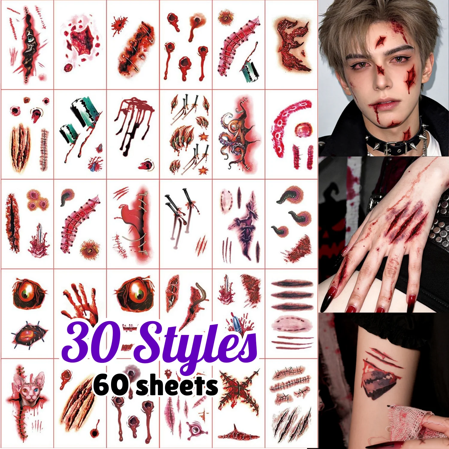 30/60sheets Realistic Tattoos Stickers 3D Bloody Fake Wound Scabs Horror Decor for Halloween Party Favors Body Face Prank Makeup