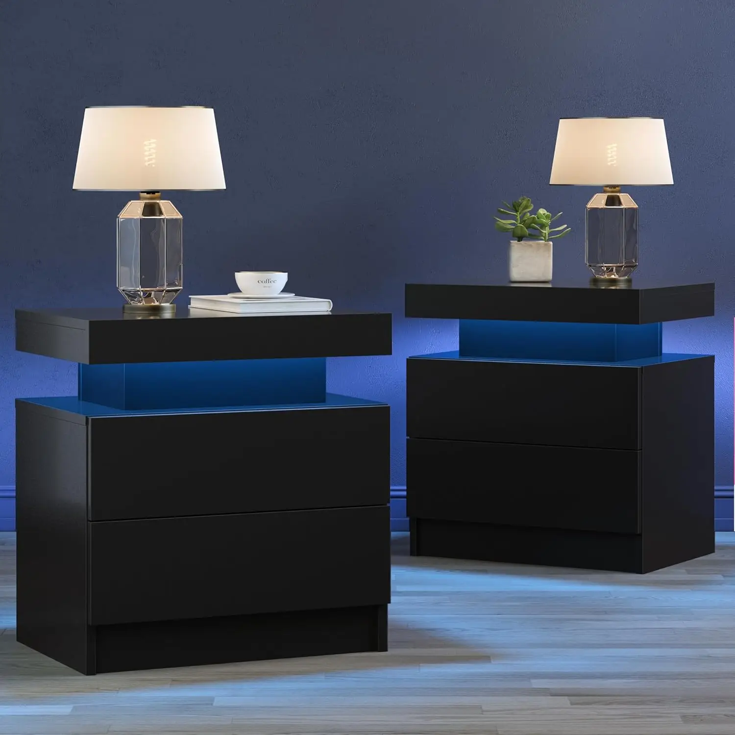 Black Nightstand LED Set of 2 Black Bedside Table LED Night Stand with LED Lights Modern End Side Table