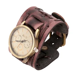 Masculi-reloj con correa de cuero genuino para hombre, cronógrafo de pulsera de cuarzo, ancho grande, estilo Retro, Punk, inusual