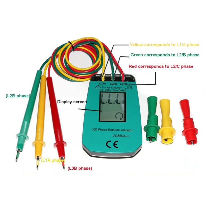 

3 Phase Tester Digital Phase Indicator Detector LED Phase Sequence Meter Voltage Tester 40V-600V AC Durable Easy Install-A74P