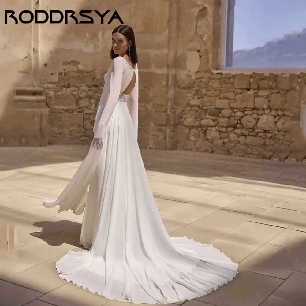 RODDRSYA Boho Chiffon A-line Wedding Dress Full Capes Sleeves Square Neck Bridal Gown Simple Beaded vestidos de novia Customized