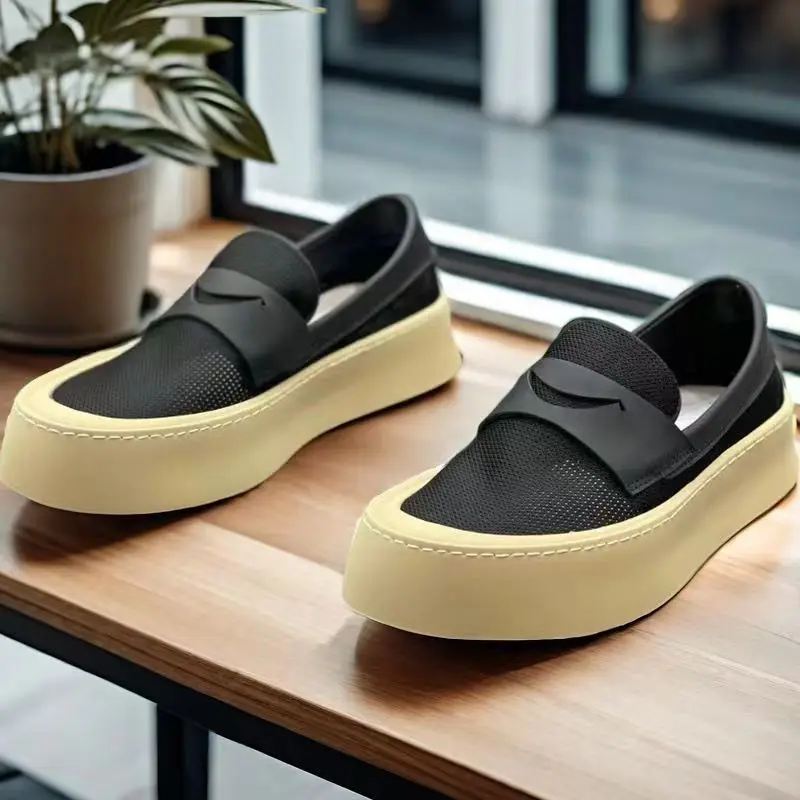 

HKDQ 2024 Summer Black Loafers Men Breathable Mesh Platform Urban Man Sneakers Fashion Comfortable Slip-on Men's Casual Shoes