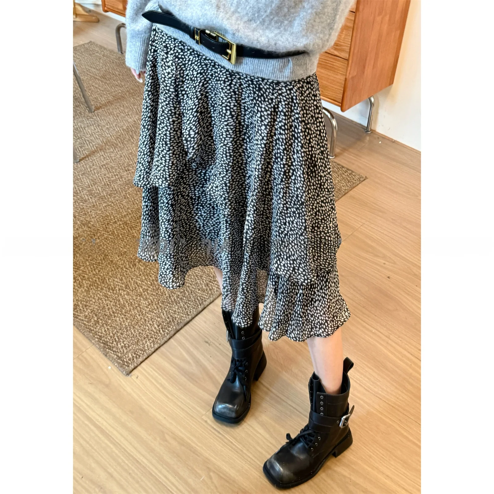 

Легкая юбка Exiaoqiao для ранней осени, новая модель, с цветочным принтом в горошек, кружевным подолом, асимметричная, повседневная, из полиэстера, А-силуэт