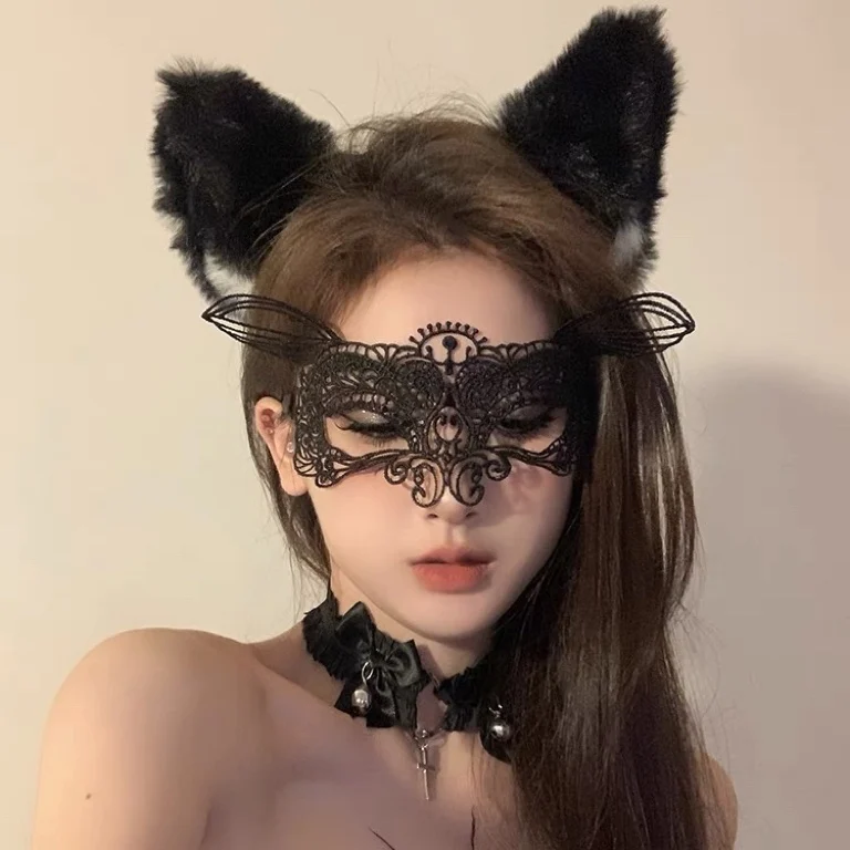 Oreilles de chat sexy en dentelle noire (pain en forme d'oreille de chat cuit à la vapeur) cerceau de cheveux masque pour les yeux écran facial accessoires de coiffure d'Halloween