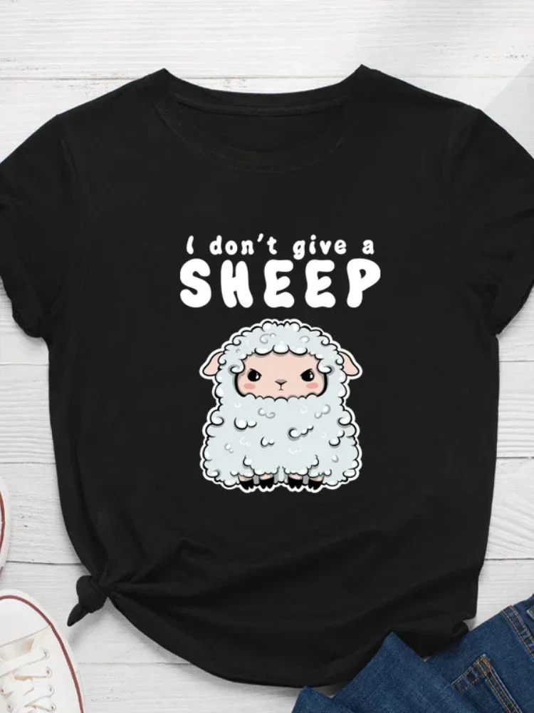 I Don't Give A Sheep Print Women T-shirt O Neck Short Sleeve T Shirt Cartoon Print Loose Streetwear Ladies Casual Clothing Tops