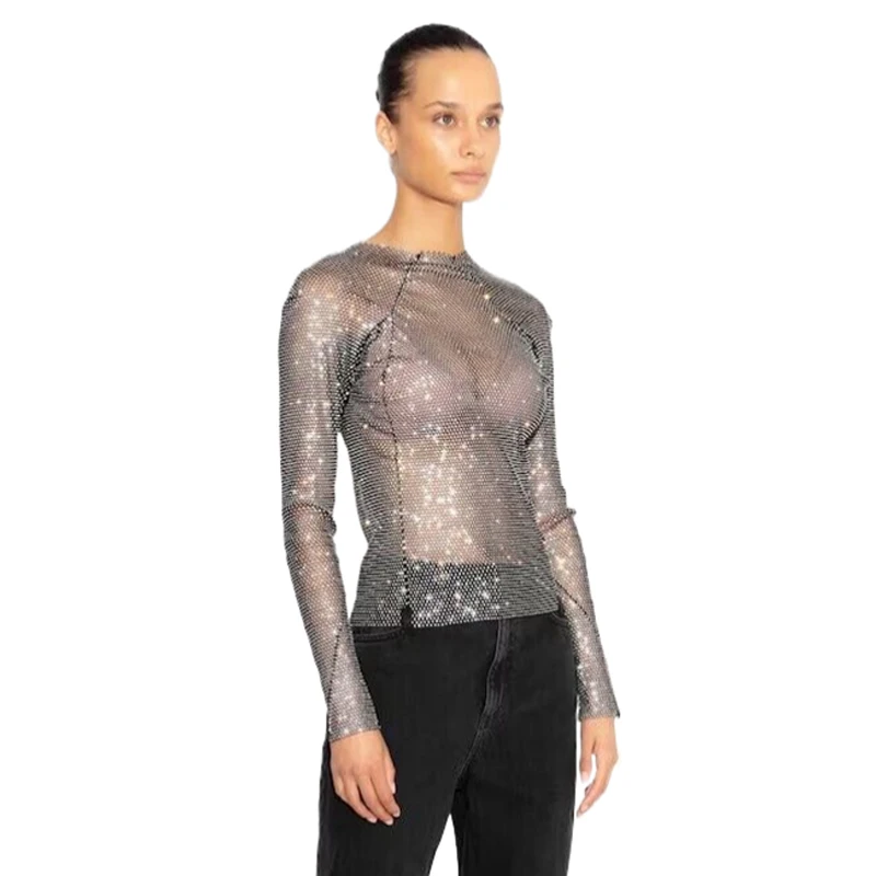 Vintage 2000er Jahre Damenmode Crop Top Netzstoff T-Shirt Glänzende Strass Starlight Durchsichtiges Sexy Oberteil Party Clubwear Top – Detail 3
