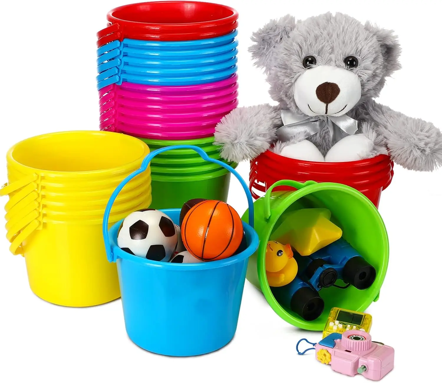 

30 Mini Plastic Beach Pails, 6.3 Inch Small Buckets for Sand Play, Summer Toys and Party Favors