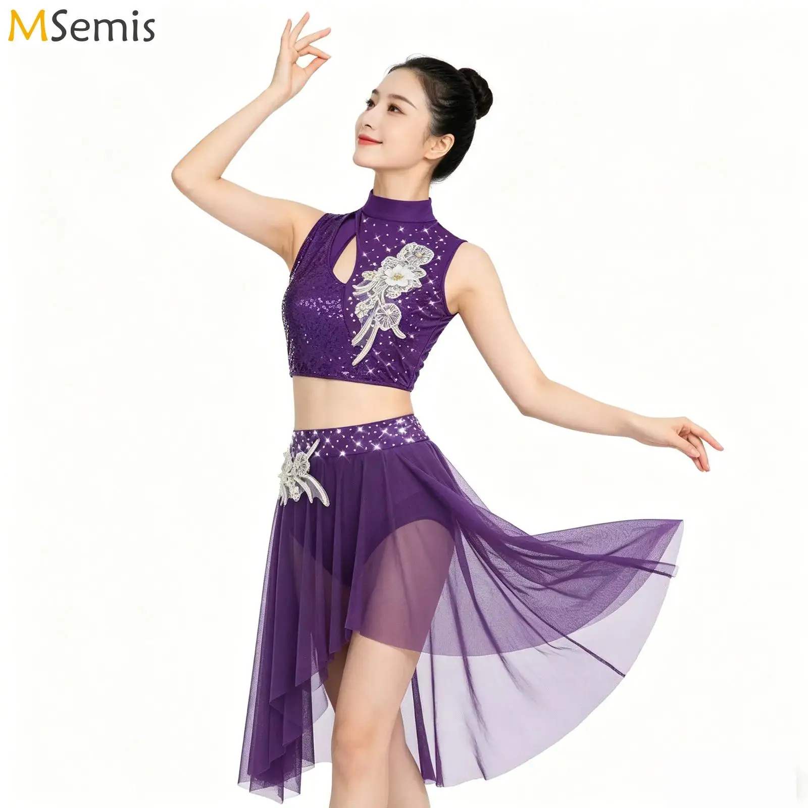 

Womens Gymnastics Leotards Artistic Figure Skating Costume Ballet Lyrical Dance Outfits Hollow Out Crop Top And Skirt Dancewear
