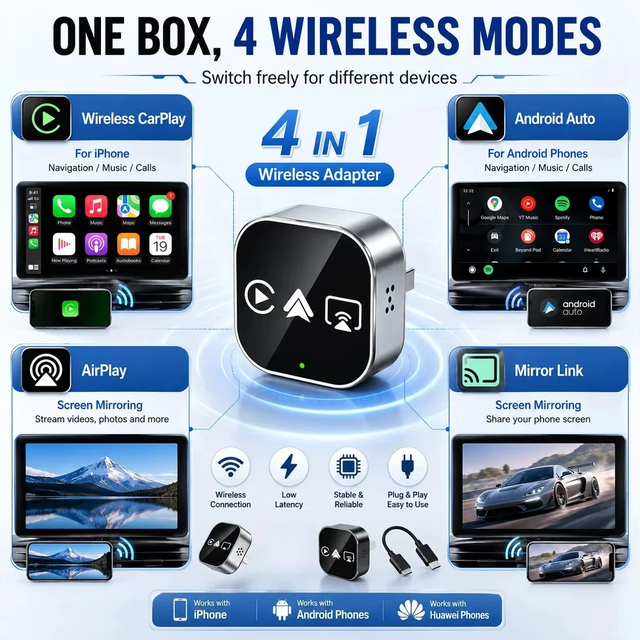 4 in 1 Wireless CarPlay Adapter Bluetooth Mirror Link for Wired CarPlay Android Auto, Plug & Play Car Stereo Screen Mirroring