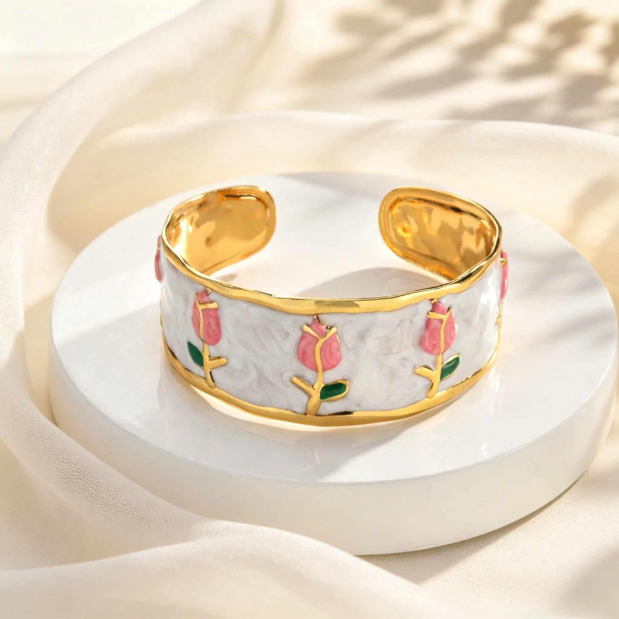 Dainty Rose Enamel Adjustable Cuff Bracelet for Women, 24mm Wide Stainless Steel Gold Plated Open Bangle, Fashion Jewelry Gift