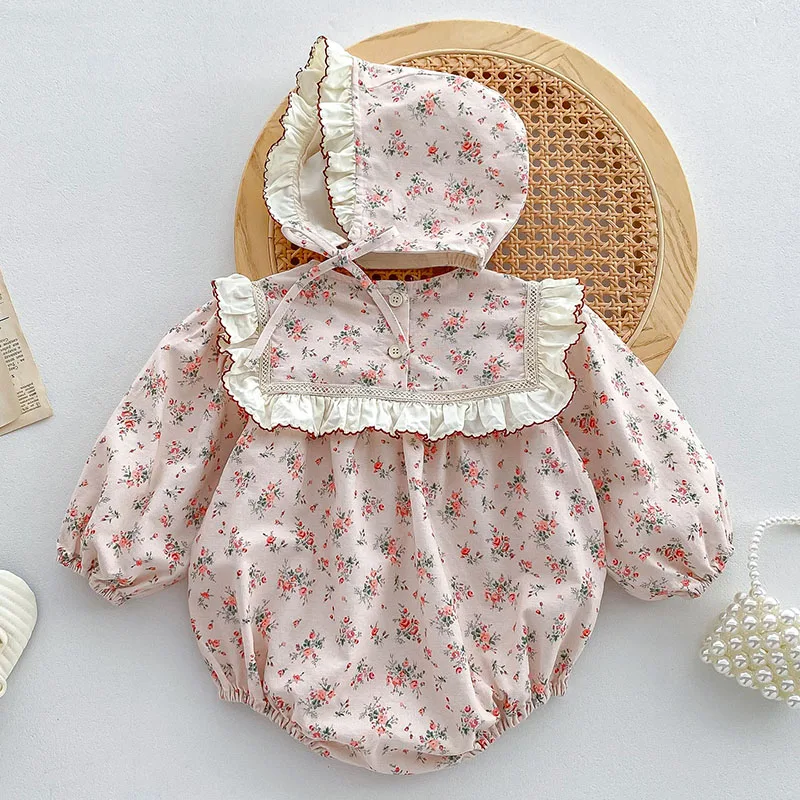 Autumn Spring Infant Baby Girl Bodysuits+Hat Cotton Long Sleeve Floral Printing Newborn Baby Girl Jumpsuit Baby Girl Clothing