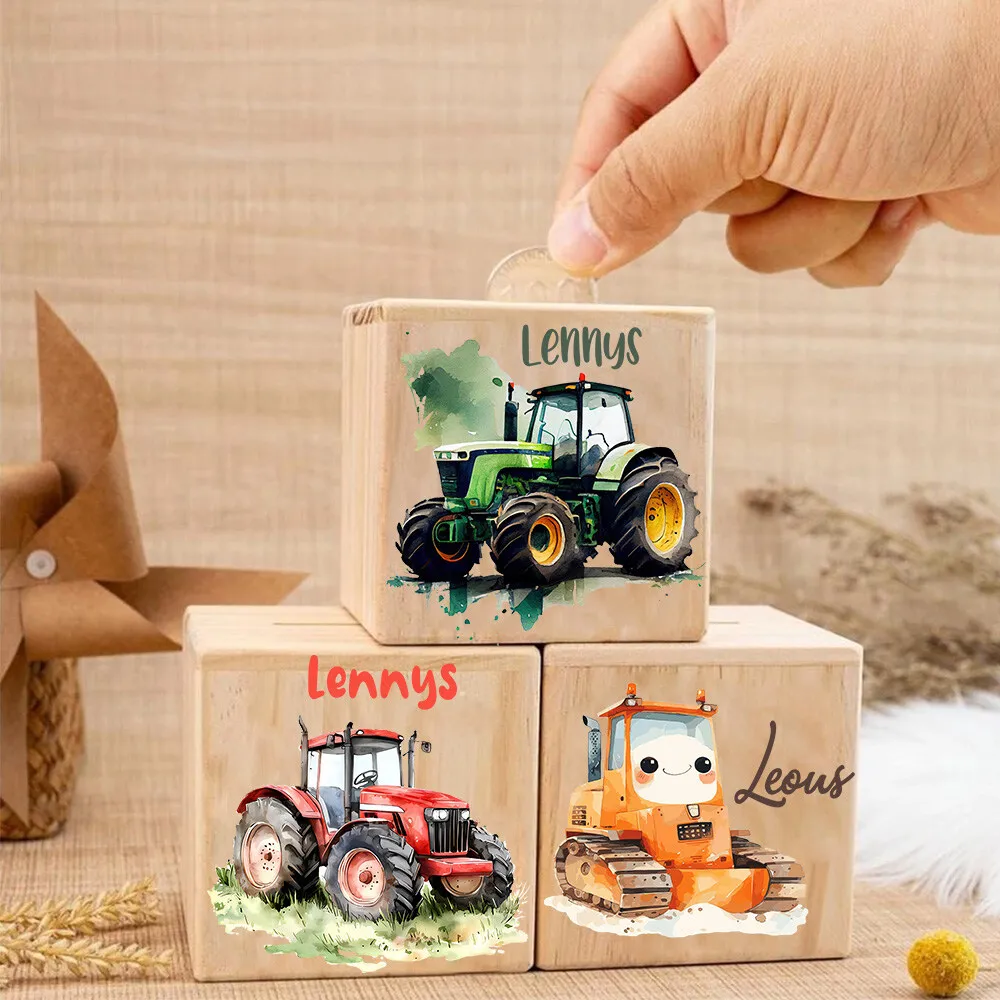 Personalized Money Box Cartoon Car with Name Wooden Money Boxes Children Coin Bank Coin Collection Box Birthday Gift for Kids