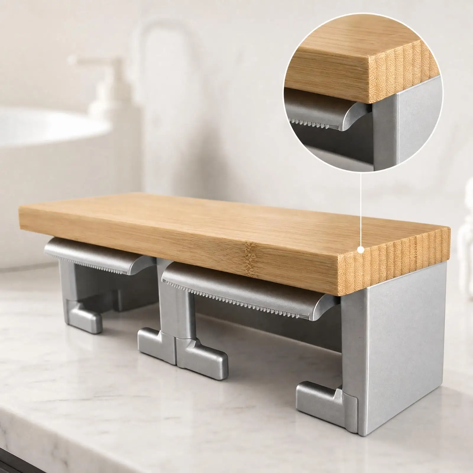 Bamboo Tissue Paper Holder with Built in Shelf Double Roll Wall Mount Toilet Paper Rack with Hooks for Restroom