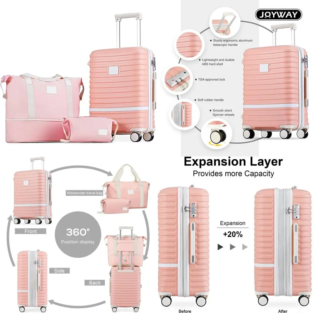 

Joyway Carry On Bagage 20-дюймовый расширяемый чемодан с вращающимся колесом, 3-компонентный чемодан с твердым корпусом и замком TSA (розовый)