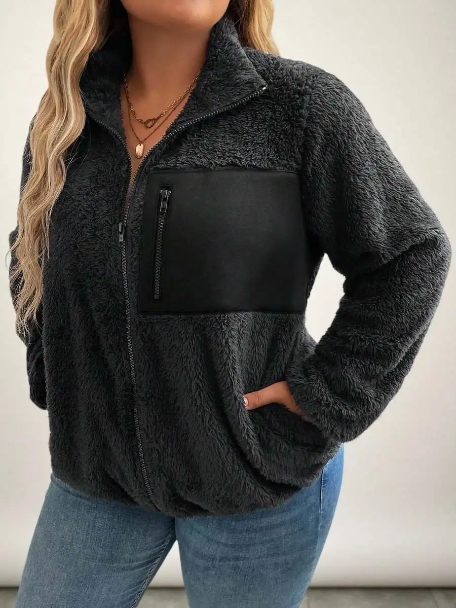 

Women's Plus Size Fleece Zip-Up Jacket with Patchwork Panel and Front Pocket