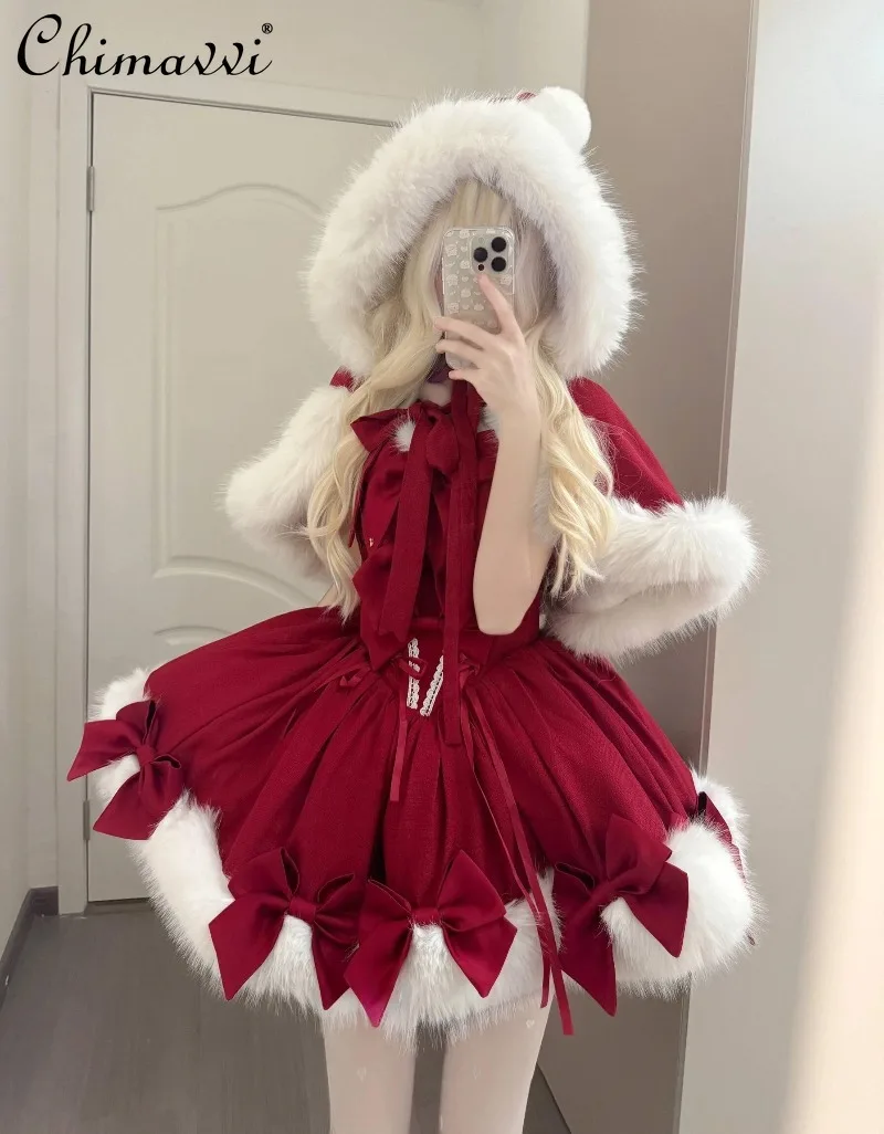 

Lolita New Year Red Christmas Dress Set Autumn Winter New Sweet Girl Hooded Shawl Coat and Cute Bow High Waist JSK Dress