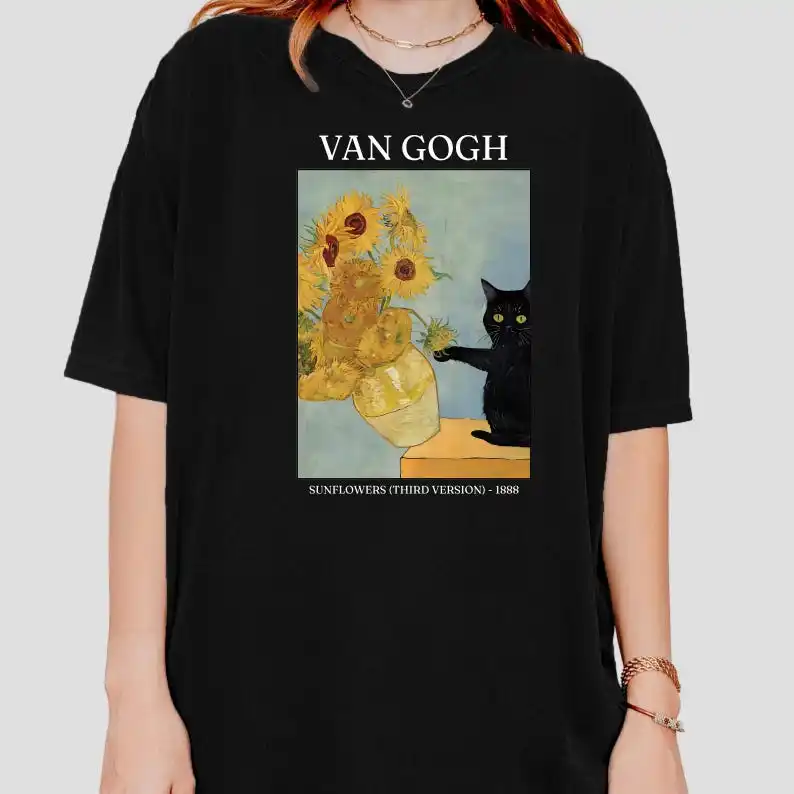 Van Gogh Cat Shirt, Van Gogh Irises Cat T Shirt, Black Cat Tee Shirt, Funny Gift, Ladies Shirts