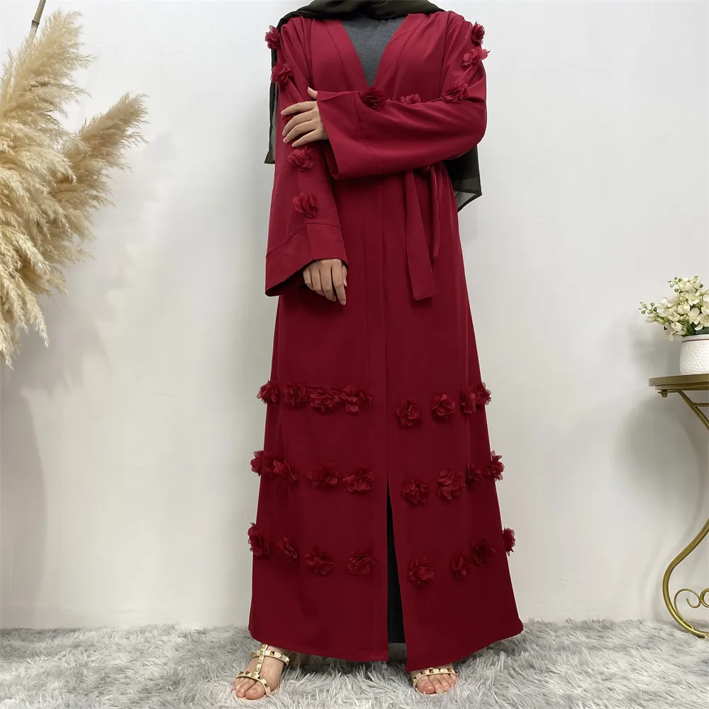 

Flower Abayas for Women Muslim Islamic Clothing Belted Kimono Jalabiya Ramadan Eid Kaftan Dubai Open Abaya Hijab Dress Robe Gown