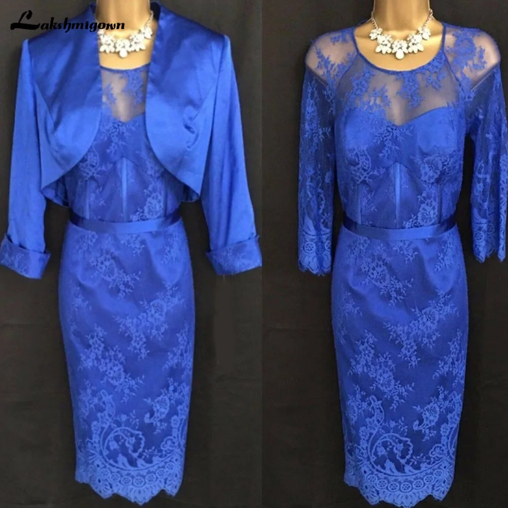 Plus Size Blue Elegant Long Sleeves Mother Of The Bride Dress With Jacket Sheath Knee Length Lace Short Women For Wedding Party