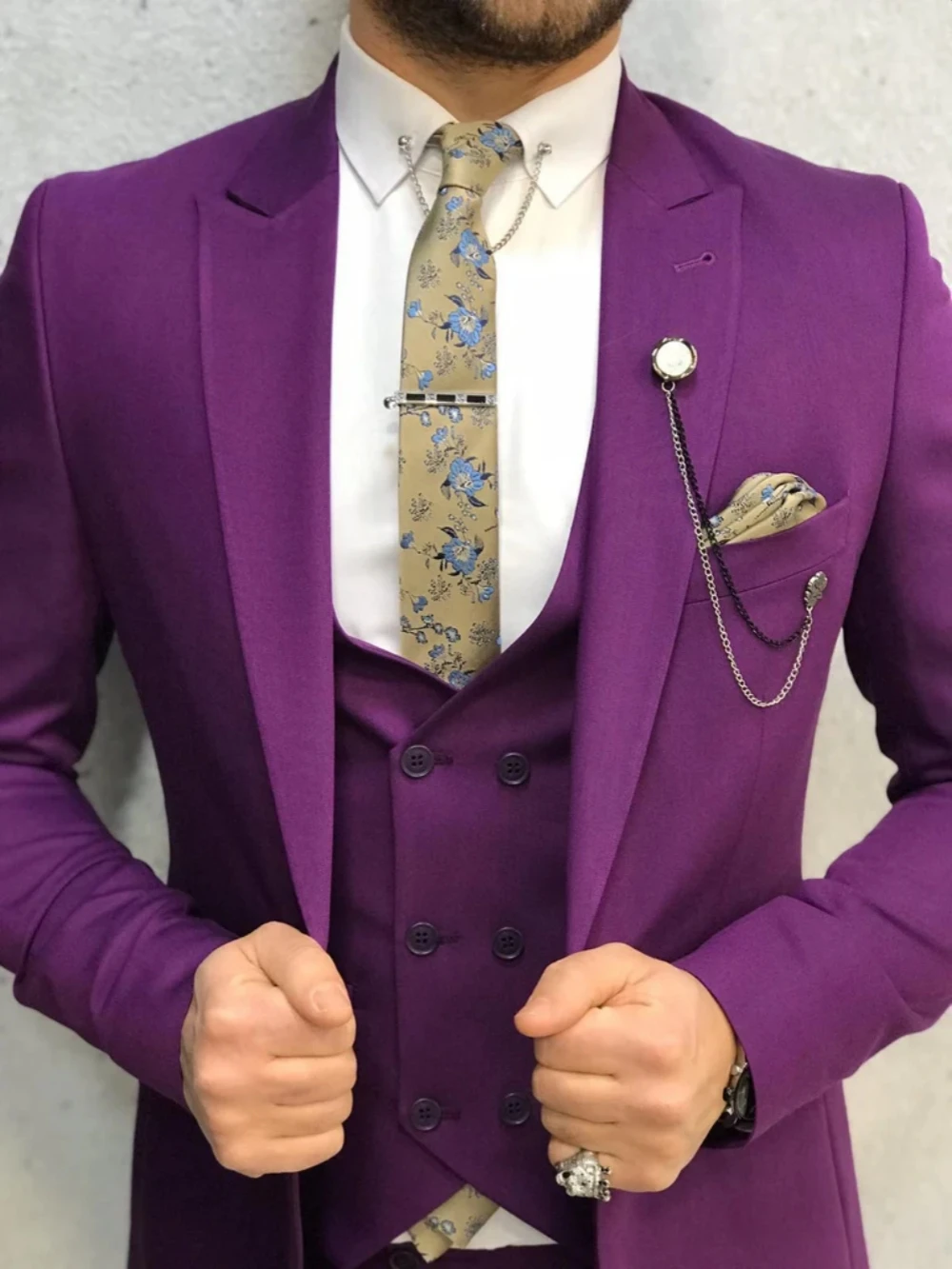 Fashionable Purple Man Suit Set 3 Pieces Jacket Vest Pants Party Prom Wear Men's Slim Fit Suits Handsome Tuxedo For Men On Sale