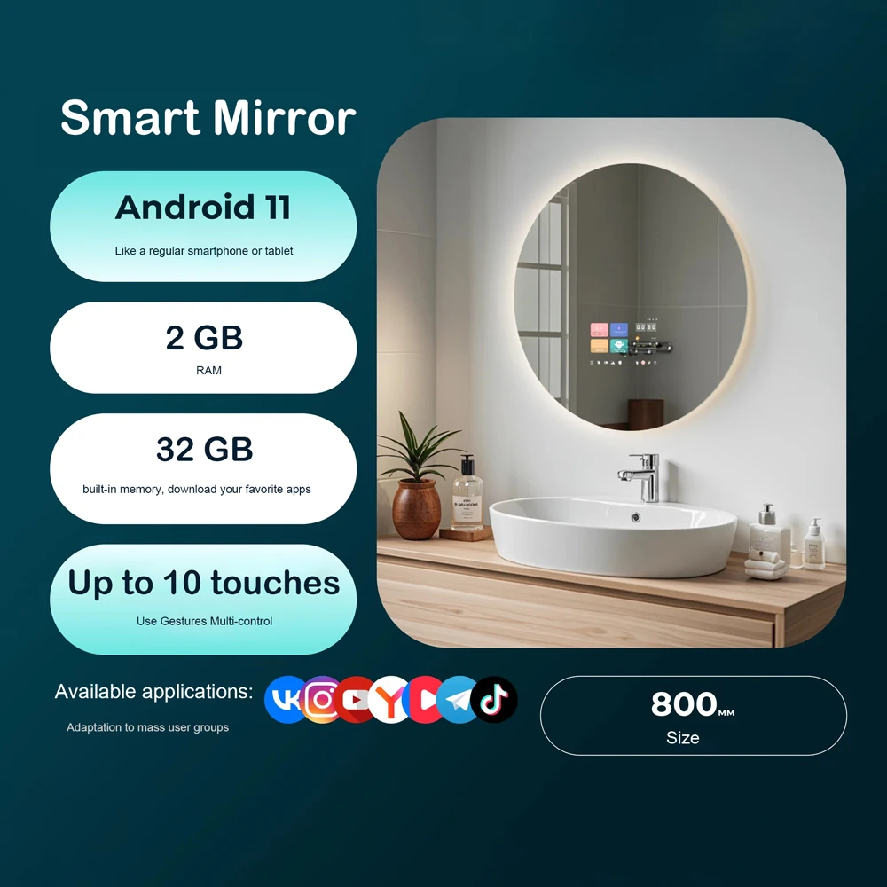 Vercon Smart Bathroom Mirror Magic Mirror TV Android 10.1inch Screen Bluetooth Wifi Speakers YouTube Health Tracking Dia:800mm