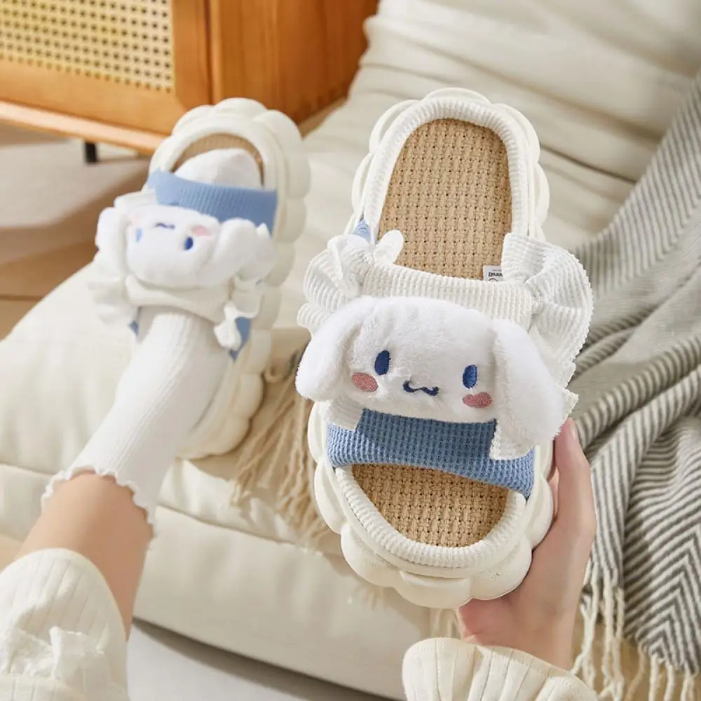 Sanrioed Cinnamoroll Home Slippers Anime Hello Kitty Kuromi Indoor Four Seasons Slippers Kawaii Cartoon Girls Linen Plush Cute