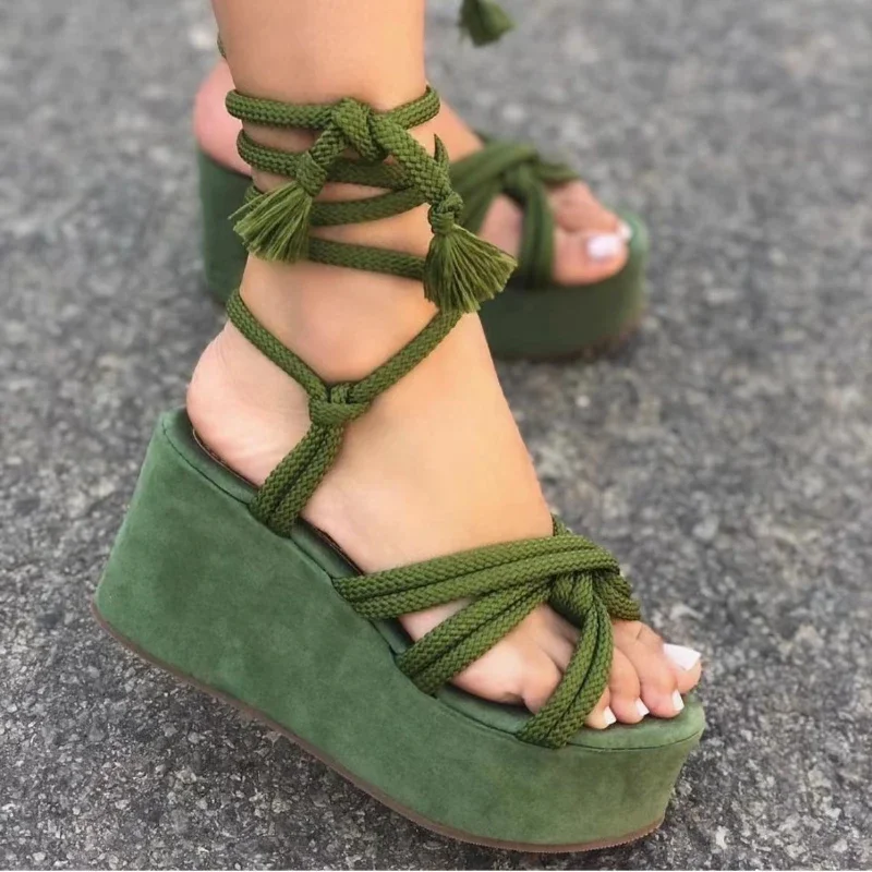 Platform Wedge Strappy Sandals Women Fashion Round Toe Cross Tied Height Increase Open Toe Women Sandals 2024