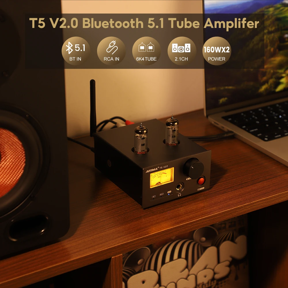 AIYIMA T5 V2.0 ламповый усилитель для наушников VU метр мощность 160 Вт * 2 Bluetooth QCC3034 класс D стерео Hi-Fi домашний усилитель