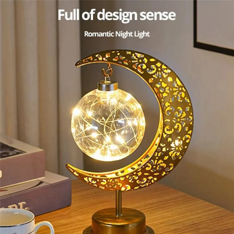 Venda superior lua de ferro bola redonda estilo muçulmano modelagem lâmpada decorativa quarto mesa férias atmosfera lâmpada