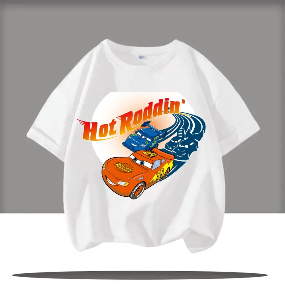 صيف 2025 جديد ديزني سيارة البرق ماكوين قصيرة الأكمام الفتيان والفتيات الصيف شبكة تي شيرت الملابس
