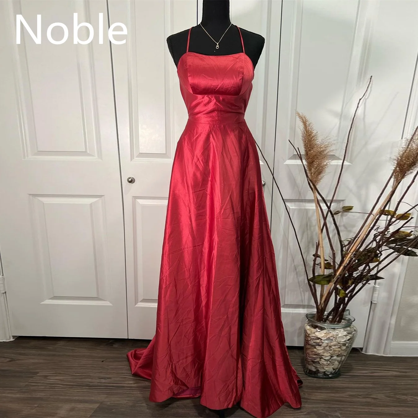 5Noble Prom Spaghetti Strap Gown A Line Club Sweep Train Cocktail Formal Party Empire Lady Backless Evening Dress