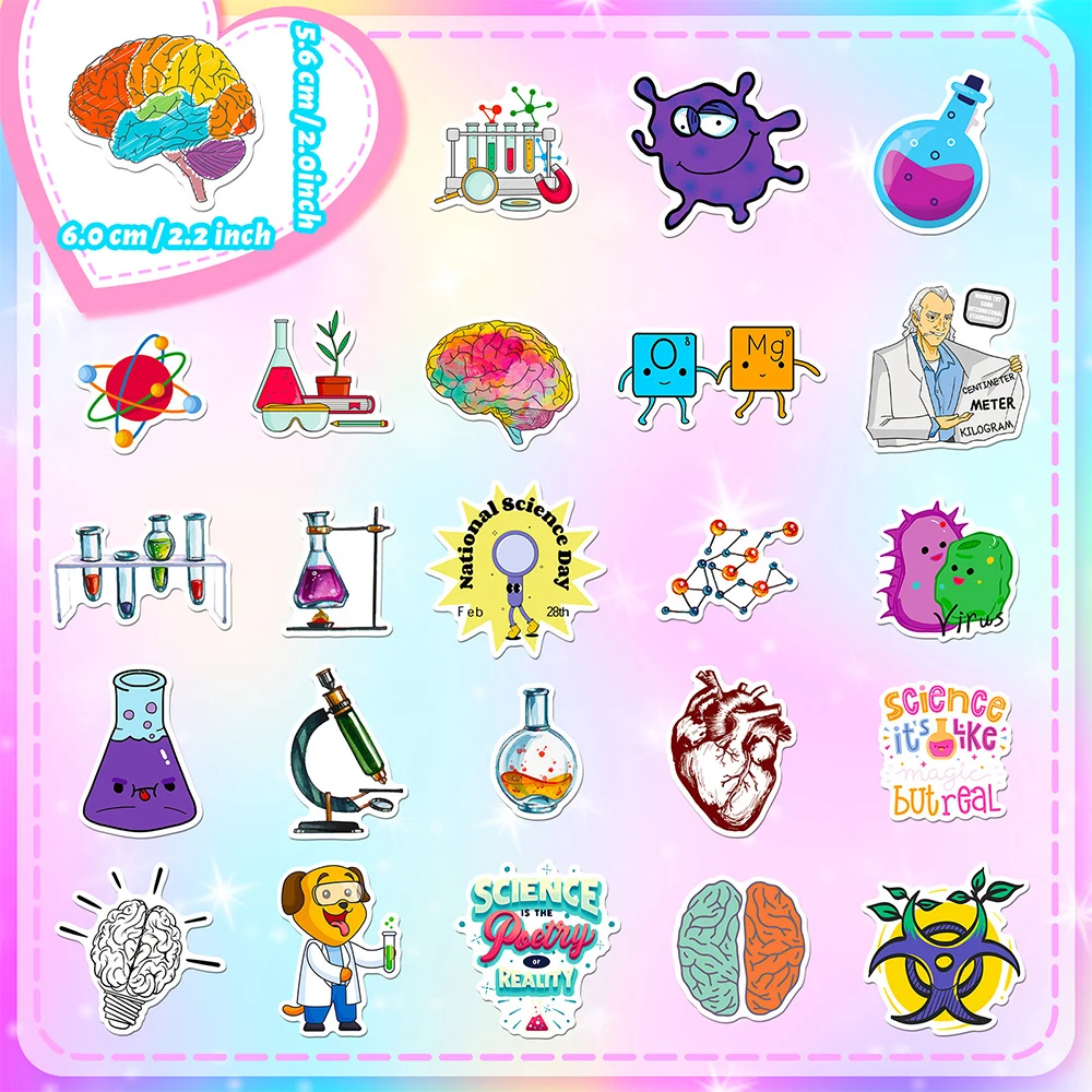 Ciência experimento desenhos animados adesivos, 10/30/50/100pcs, ciência, química, para notebook, telefone, laptop, guitarra, carro, decoração,