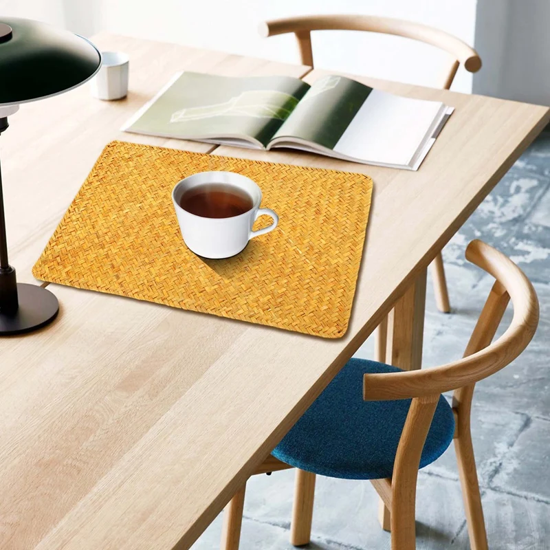 

place mats Pack of 4, Natural Seagrass Place MatHand-Woven Rectangular Rattan Placemats Straw Tea Cup Mat Potholder