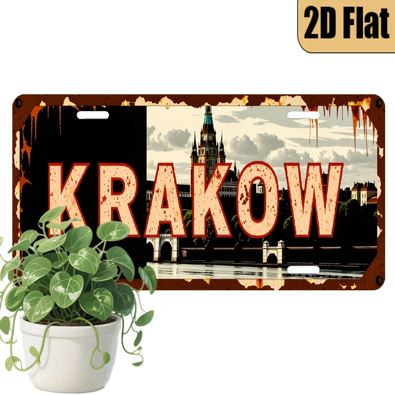 1pc Vintage Krakow Poland License Plate - European Cityscape Design with Red Text, 6x12 Inch (15x30cm) Aluminum Metal Sign for H
