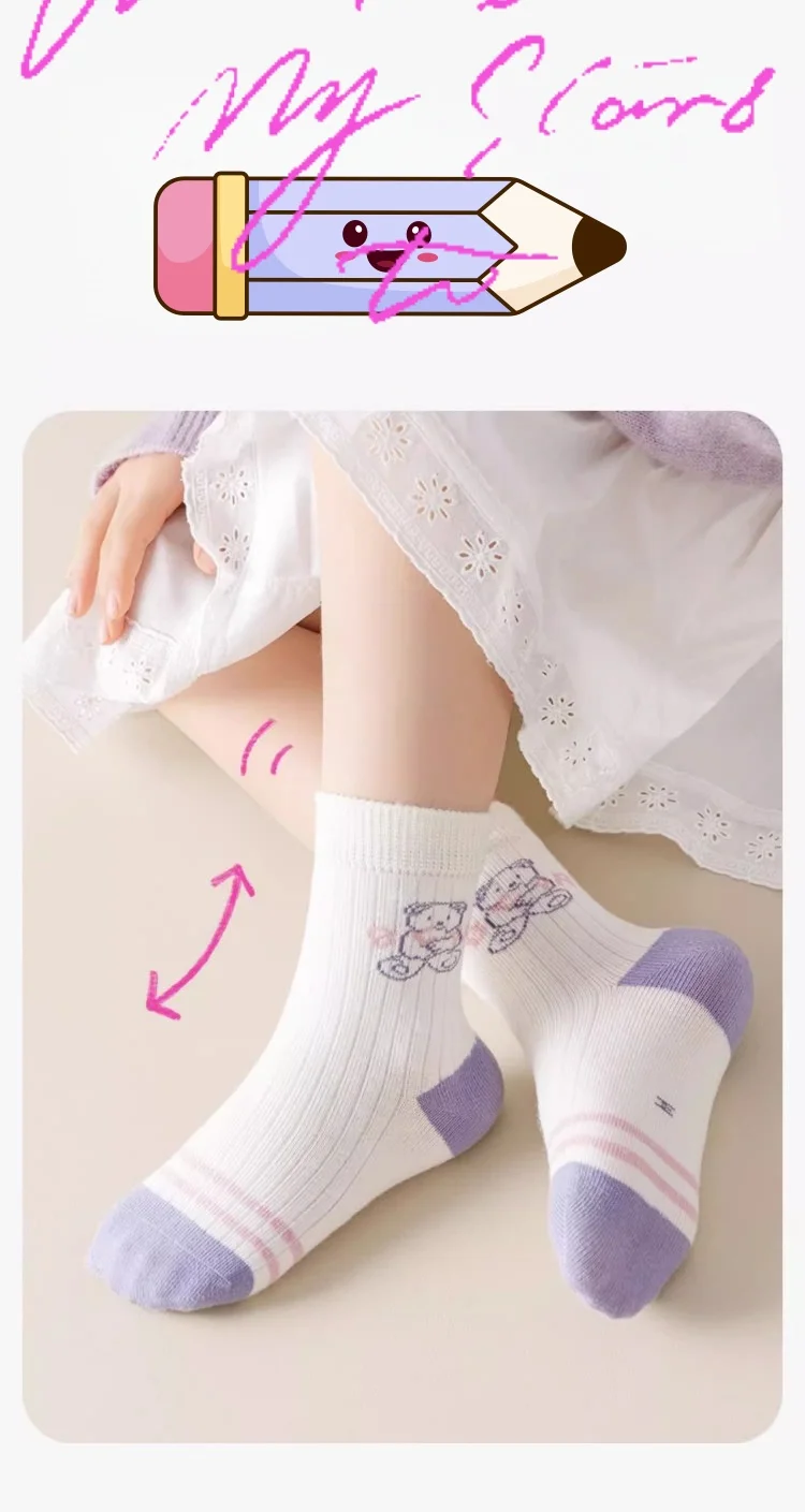5 Paar Mädchensocken, Frühlings- und Sommer-Baumwollsocken, niedliche Bärensocken für Kinder, 1–14 Jahre, mittelhohe Kindersocken – Detail 6