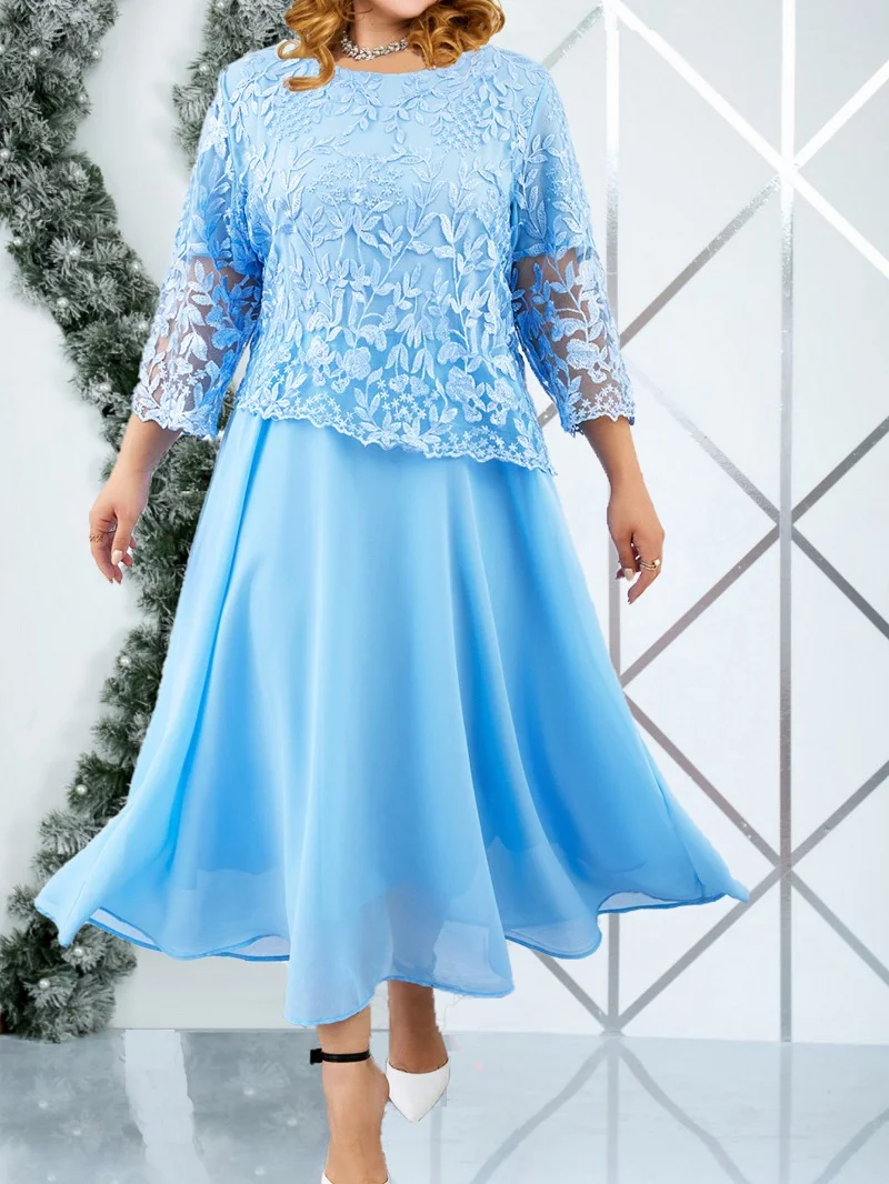 Vestido holgado de talla grande para mujer, ropa elegante de encaje con cuello redondo, manga larga, cintura alta, para fiesta