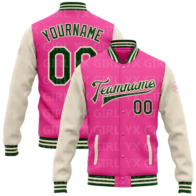 Custom Pink Black-White Bomber Full-Snap Varsity Letterman Two Tone Jacket 3D Printed Baseball Button Jacket