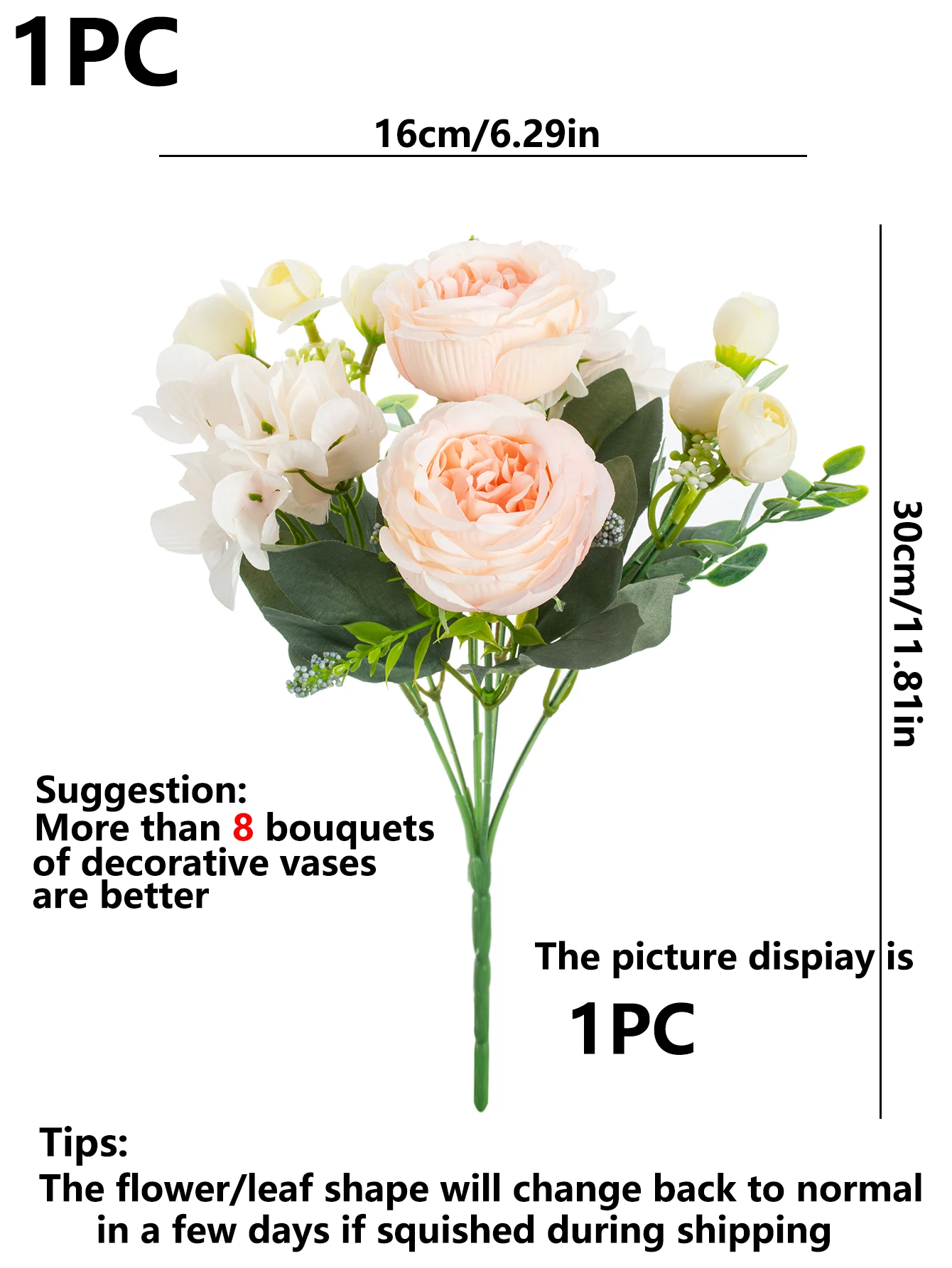 10 Stück Künstliche Blumen für Hochzeit, Heimdekoration, Brautstrauß, Garten, Kunstseiden-Pfingstrosen, Hortensien, Vasen, Außenbereich – Detail 1