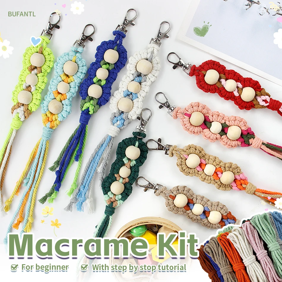 

Набор брелоков в богемном стиле макраме с деревянными бусинами — дружелюбный набор материалов ручной работы для начинающих, для изготовления брелоков-подвесок