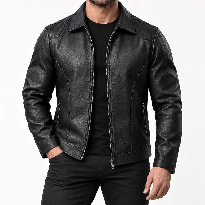 Men's Leather Jacket Classic Shirt Collar Full Zip Two Side Zipper Pockets Long Sleeve Straight Hem Business Casual Style