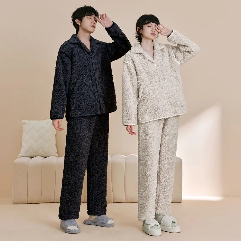 Couple Pajamas for Men Fleece Winter Sleepwear Korean Sleeping Night Wear Solid Pijama 2 Pcs Pants Sets Warm Pocket Home Suit