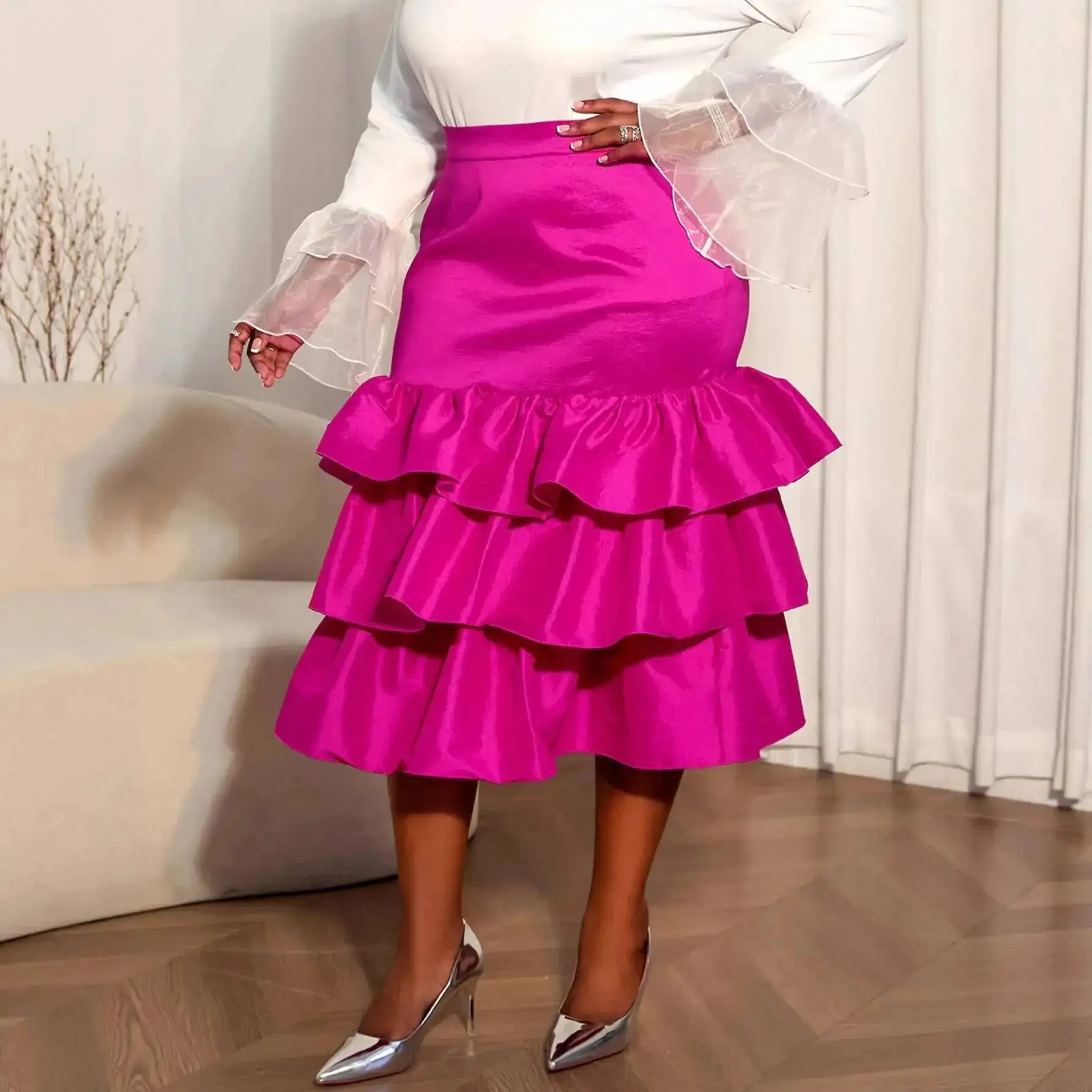 

Plus-size Women's Rose Red Multi-layered Ruffle Skirt, High-waisted Elegant Cake Skirt For Plus-size Ladies To Conceal Body Fat