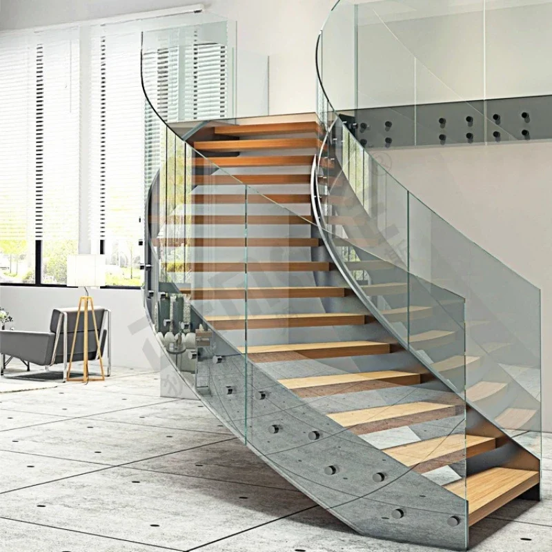 Tempered glass handrail stairs, double steel structure, solid wood tread stairs