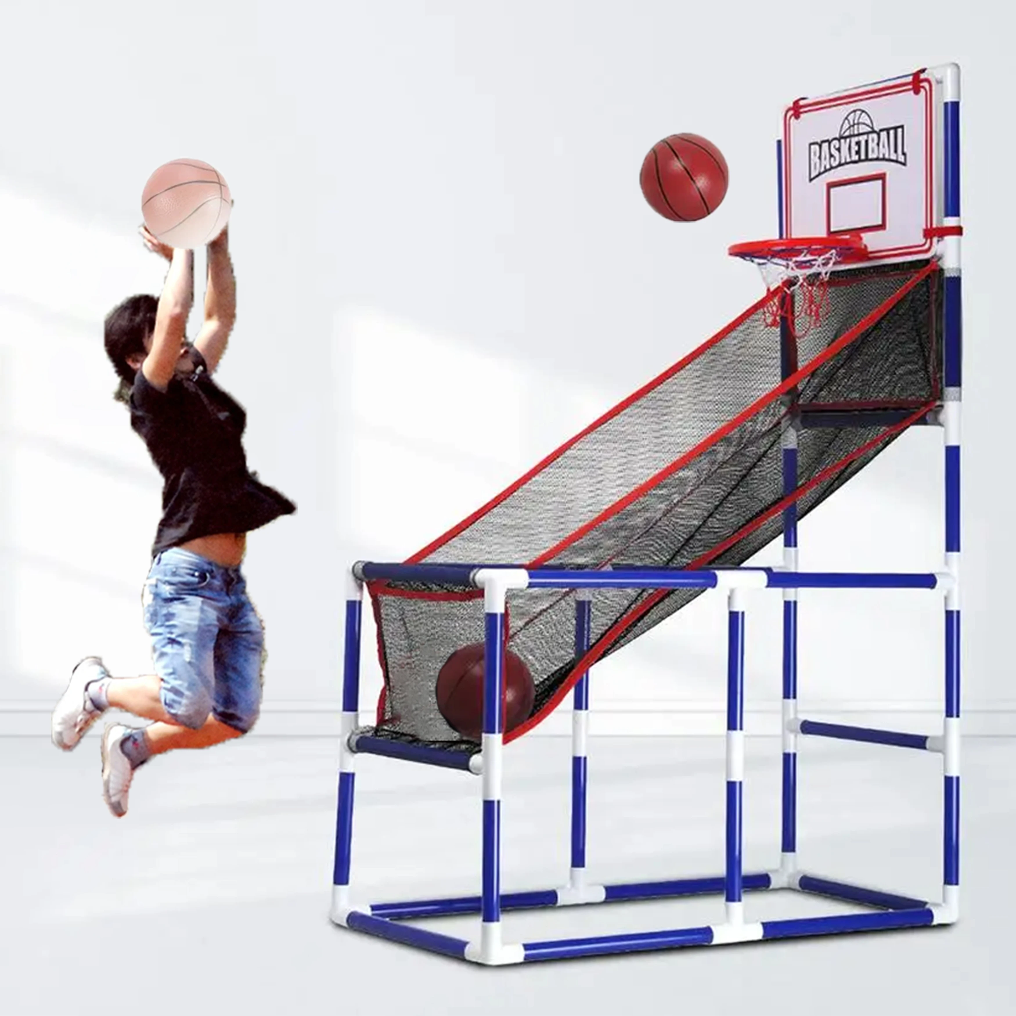 2개의 공이 포함된 어린이용 대형 농구 슈팅 게임 기계 쉬운 조립 인터랙티브 실내 실외 스포츠 장난감