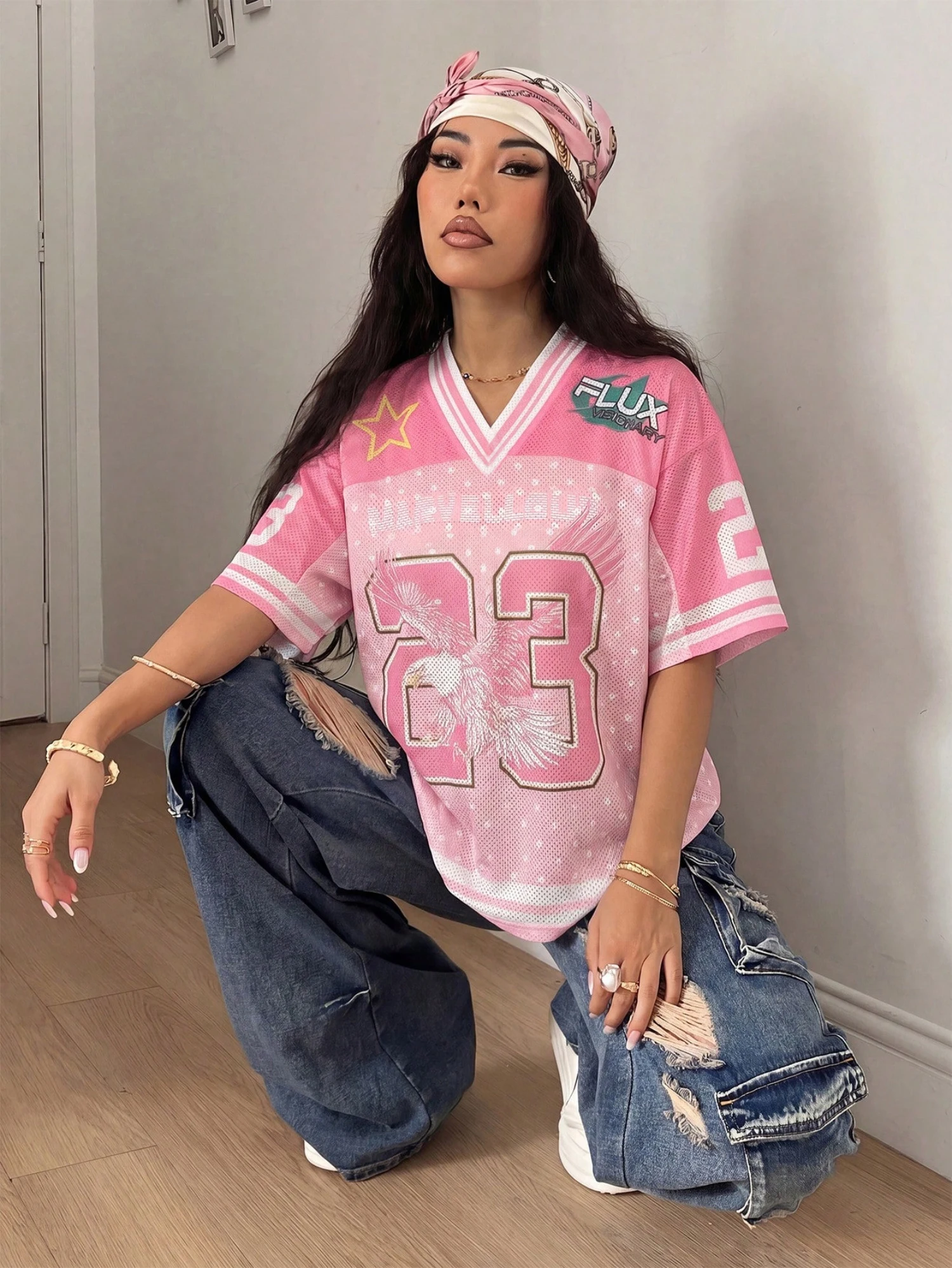 Women's Summer Pink Number Print Casual Mesh Breathable T-shirt V Neck Sport Jersey  Y2K Hip Hop Vintage  Fashion Streetwear