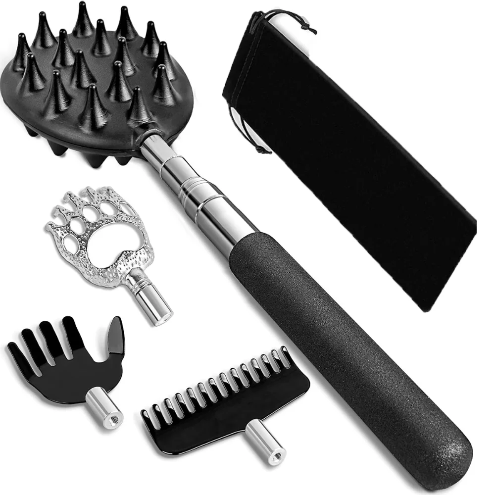 Rascador de espalda extensible para hombres y mujeres con 4 cabezales para rascar desmontables, rellenos de medias para hombres y adultos, regalos de Navidad