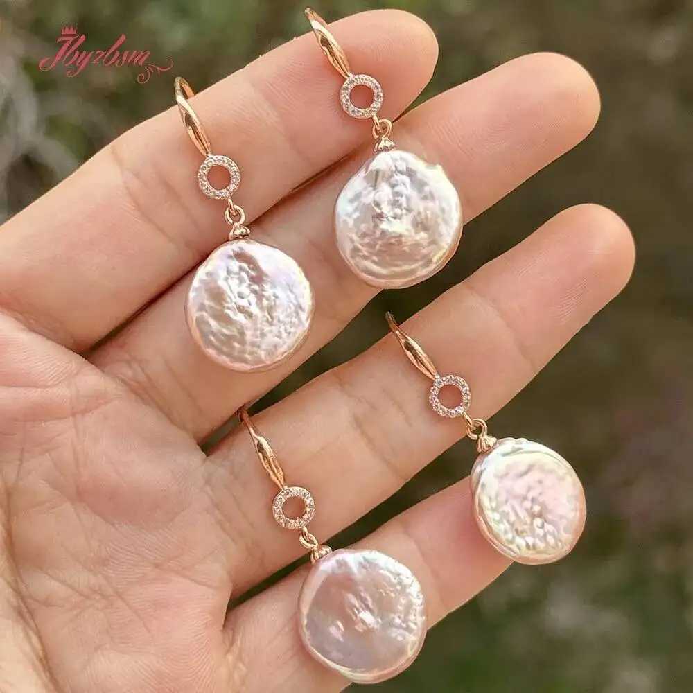 14-15mm Coin White Purple Natural Keshi Edsion Freshwater Pearl Classical Dangle Hook Earring Jewelry 1 Pair fo Women Gift