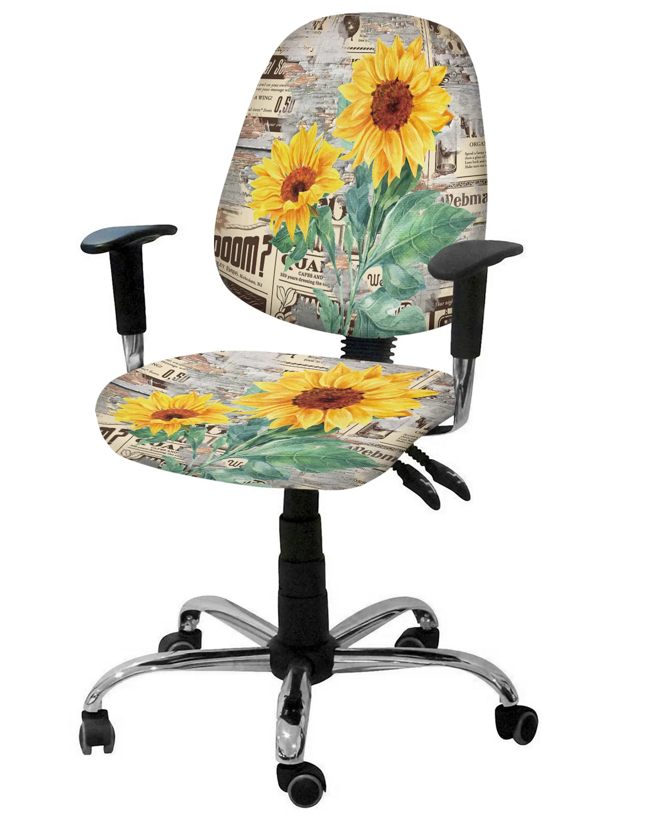 Sunflower Vintage Newspaper Wood Grain Elastic Armchair Computer Chair Cover Removable Office Chair Slipcover Split Seat Covers