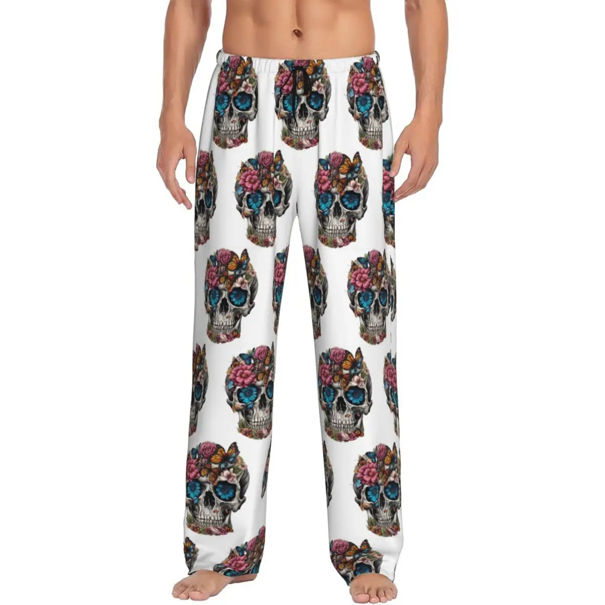 

Изготовленные на заказ пижамные штаны с цветочным принтом сахарного черепа, мужская одежда для сна, штаны для сна с карманами